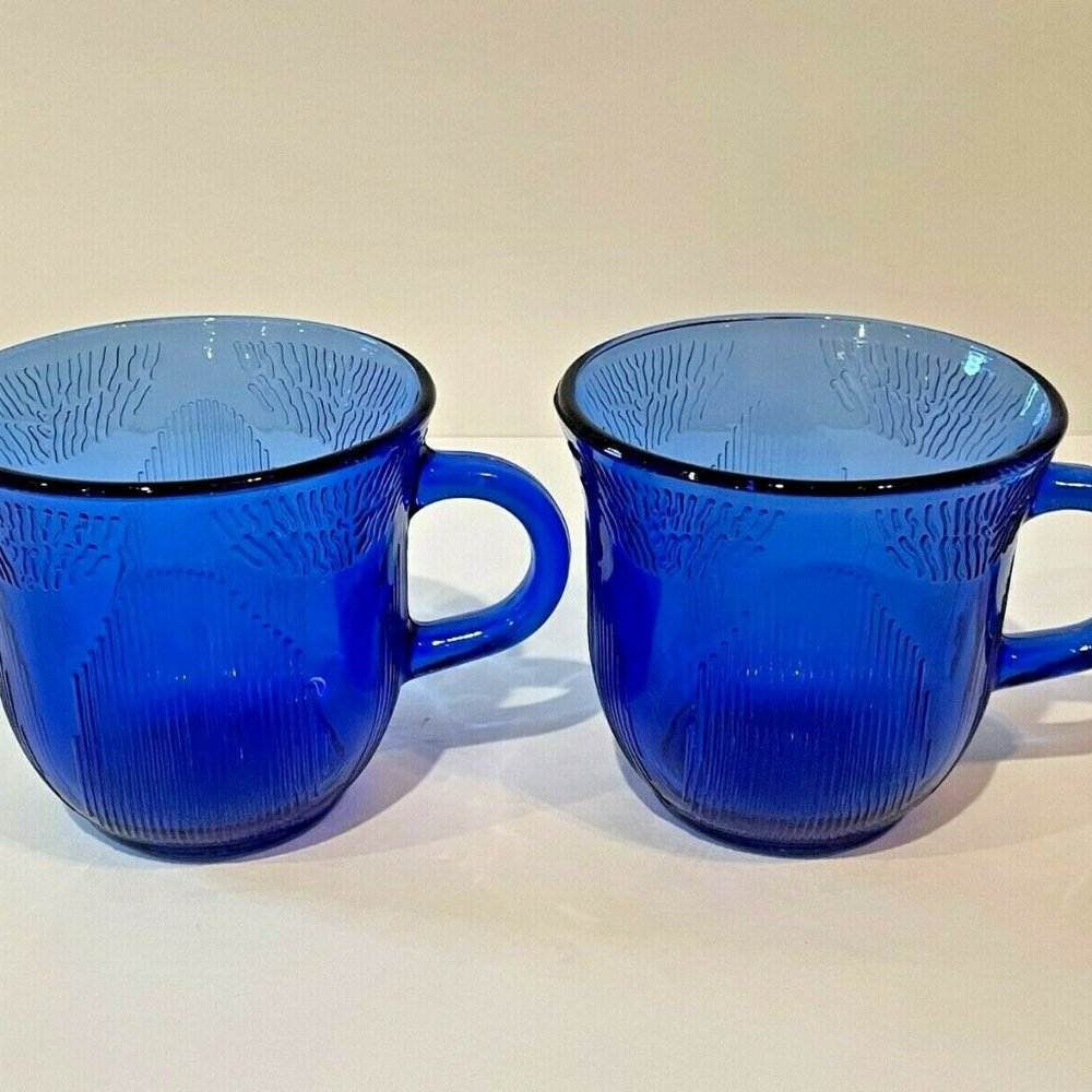 1950s Forte Crisa Mexico Cobalt Blue Texture Glass Sunflower Coffee Cups Set 2